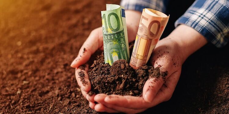 2 handen in aarde die 2 briefgeld vasthouden met aarde.