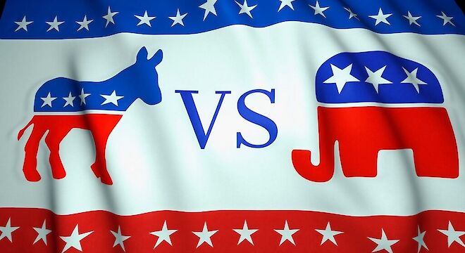 Blag met democraat logo vs republikein logo in amerikaanse kleuren