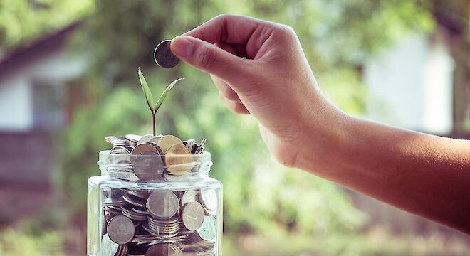 Hand die munt gooit in een bakje met muntjes waar een klein plantje uit groeit