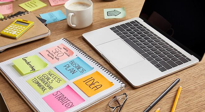 Bureaublad met laptop en een notitieboekje met post-its erop geplakt.