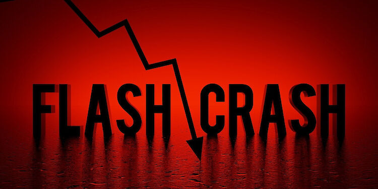 Letters flash crash voor een rood achtergrond met in het midden een zwarte pijl die naar beneden gaat