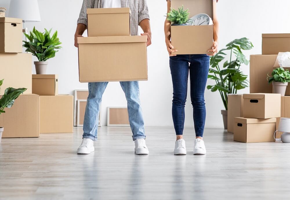 twee lijfen van mensen met verhuisdozen in hand. Op achtergrond meer verhuisdozen en planten
