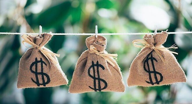 Zakjes met dollartekens erop aan een waslijn met knijpers