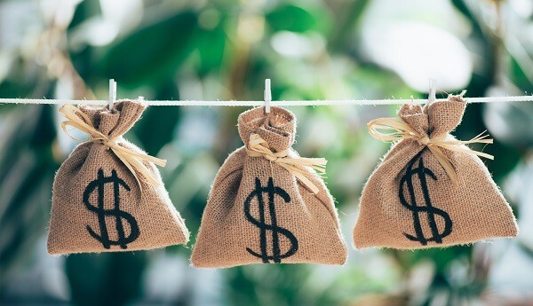Zakjes met dollartekens erop aan een waslijn met knijpers