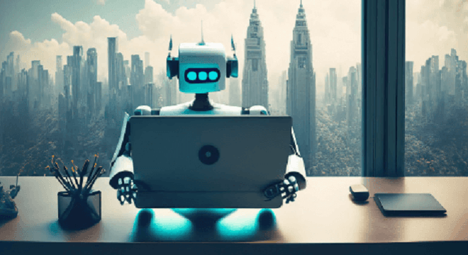 Robot met beeldscherm voor hem. Achtergrond New York skyline